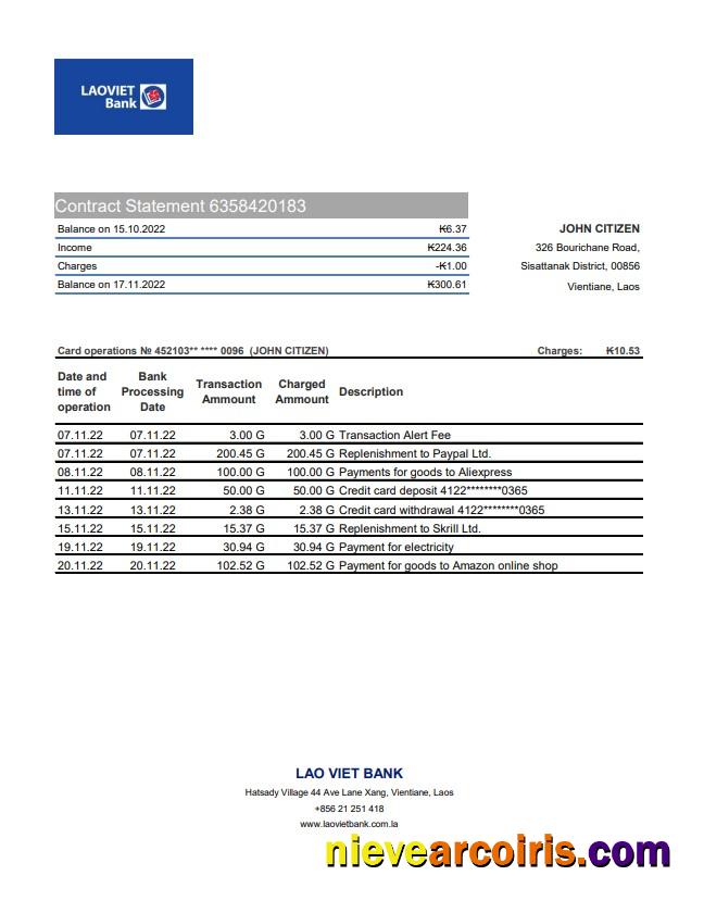 Laos Lao Viet Bank statement